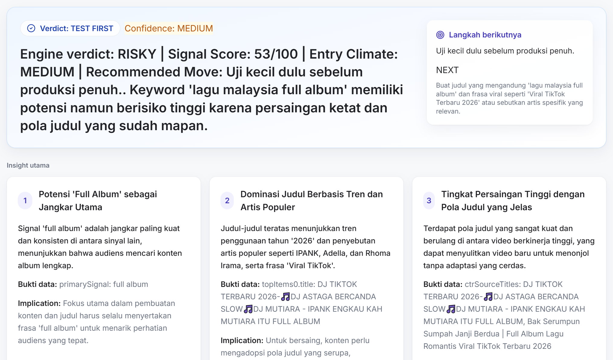 AI Insight dengan data pendukung dan rencana tindakan